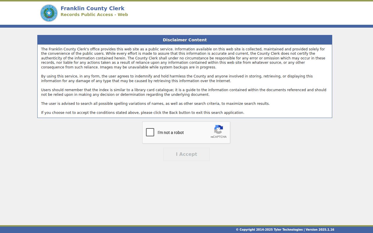 Franklin County warrant search reference showing the County Clerk records portal disclaimer