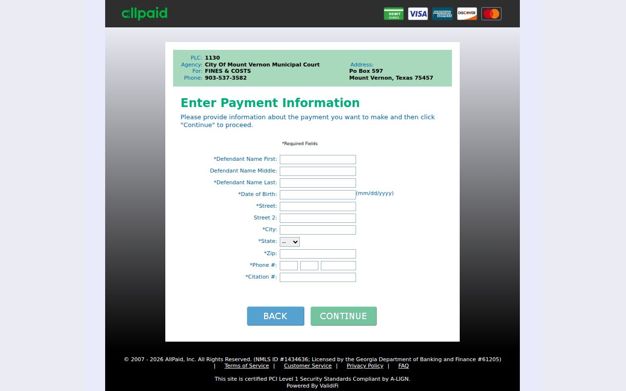 Franklin County traffic warrant reference showing the Mount Vernon Municipal Court PLC 1130 payment page