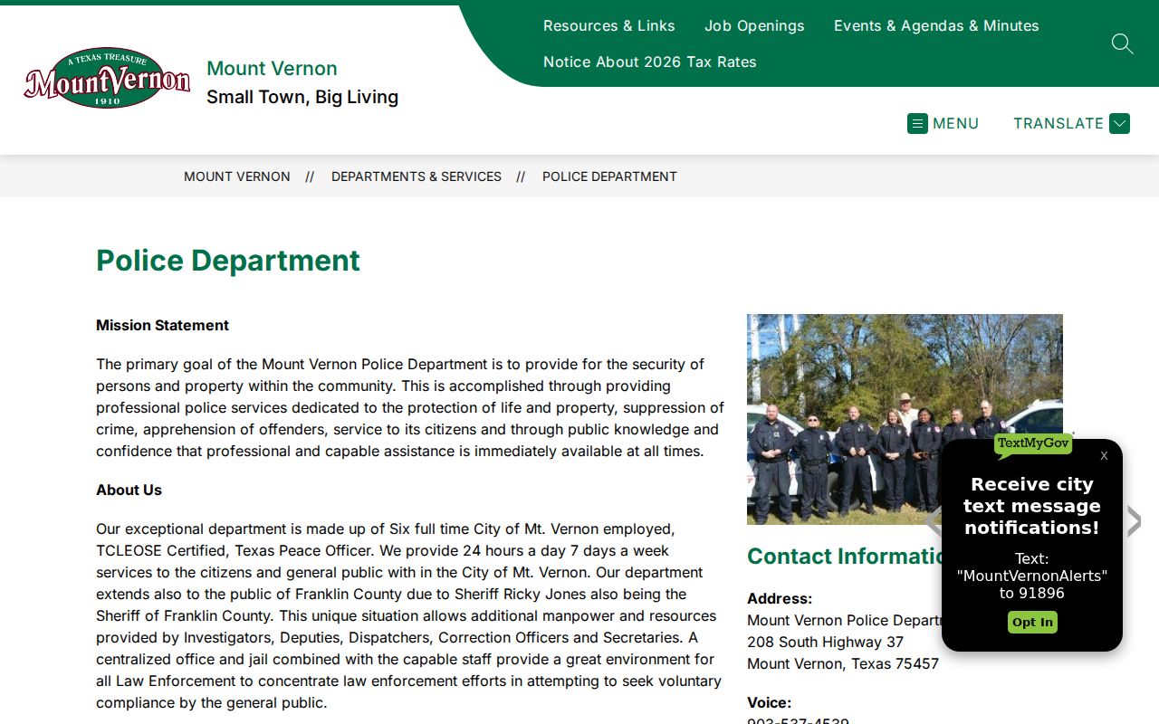 Mount Vernon warrant records reference showing the official city police department page