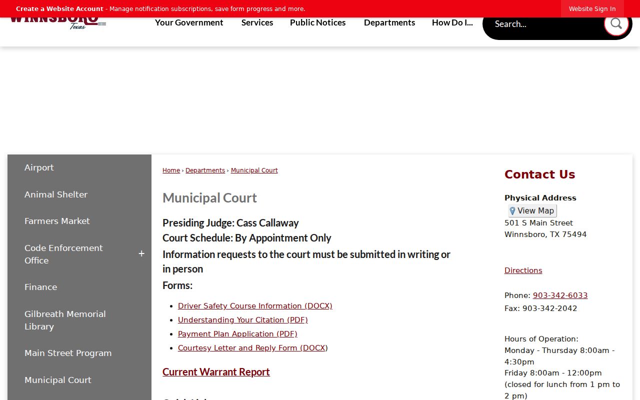 Franklin County municipal warrant reference showing Winnsboro Municipal Court contact and report heading