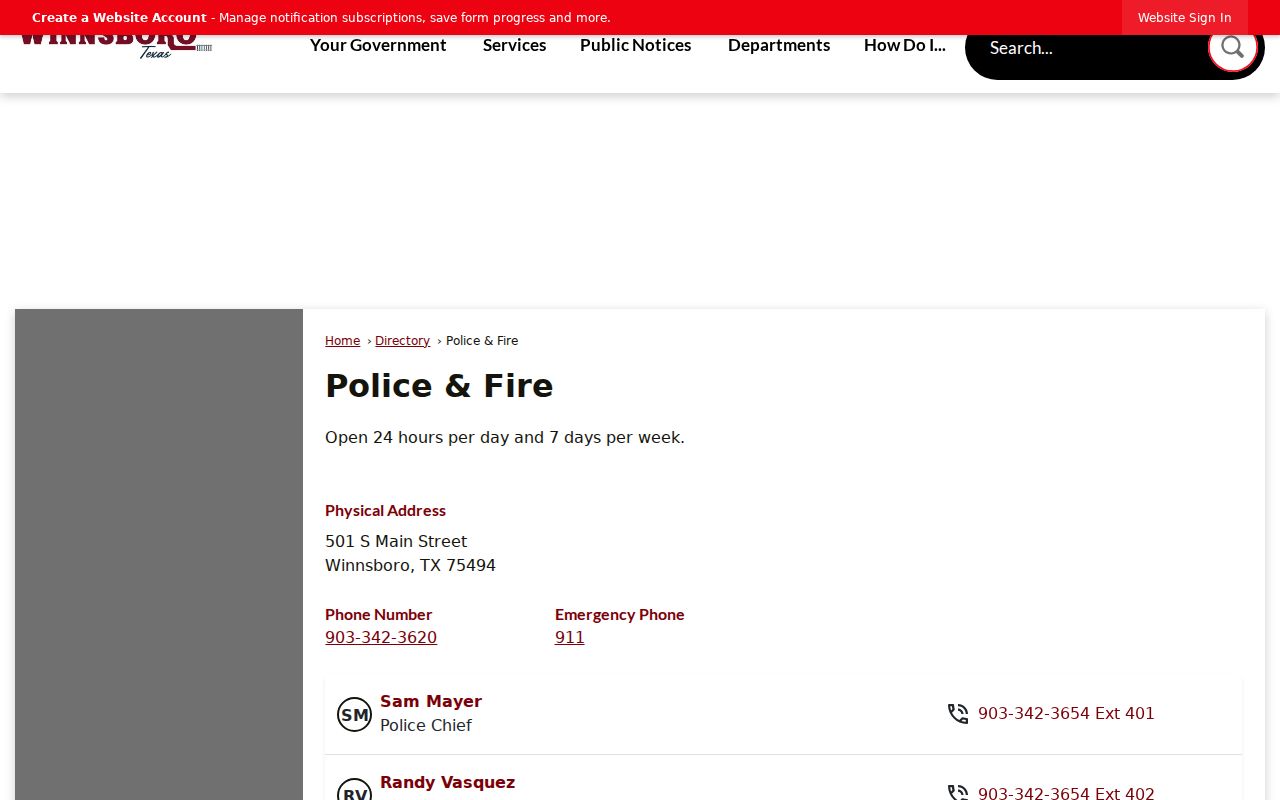 Winnsboro warrant records reference showing the official Police and Fire directory
