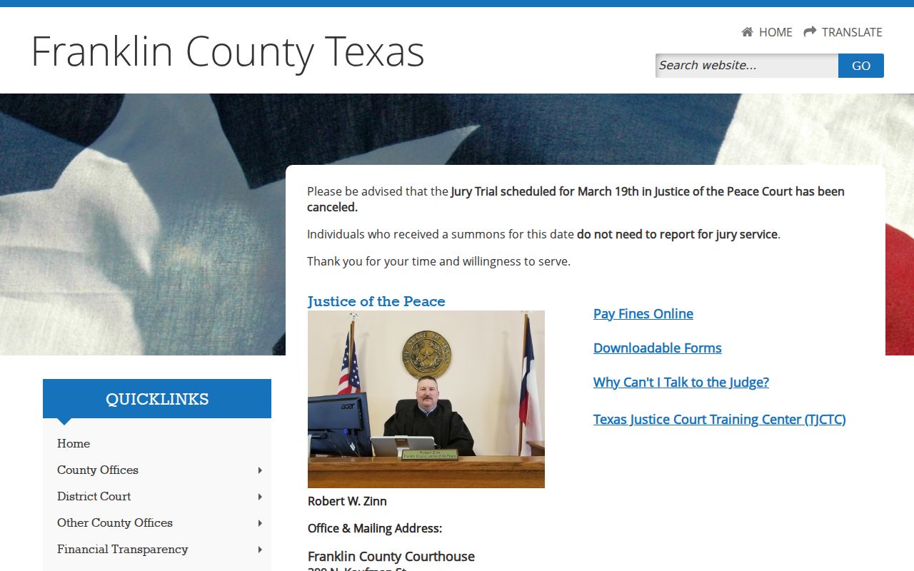 Franklin County warrant records reference showing the countywide Justice of the Peace contact page